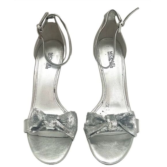 Michael Kors Paris Leather Stiletto Heels Womens 7‎ Silver Metallic Bow Designer - Picture 4 of 13
